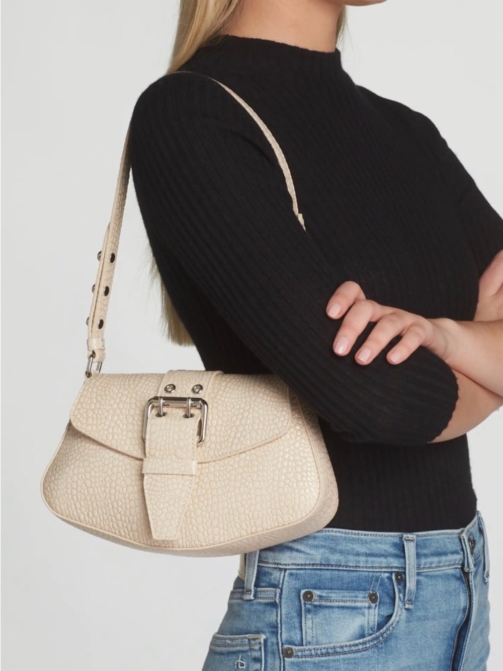 Reformation Cream Pebbled Shoulder Bag with Buckle Strap